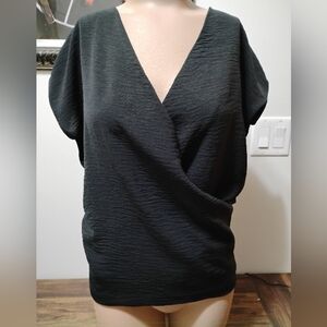 ZARA | Black Draped Drop V Crossed Wrap Short Sleeve Top | Size Medium